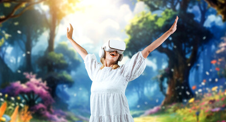 Caucasian girl enter metaverse while spread arms with relax at fantasy forest. Excited woman enjoy...