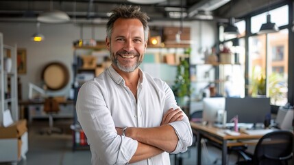 Fototapeta premium businessman grinning with satisfaction amidst the contemporary setting of a startup company's corporate office. 