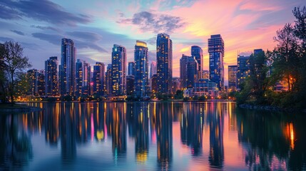 Fototapeta premium Cityscape at Dusk: Create a stunning cityscape at dusk with skyscrapers lighting up against a twilight sky. Capture the hustle and bustle of city life with cars, pedestrians, and neon signs. The build