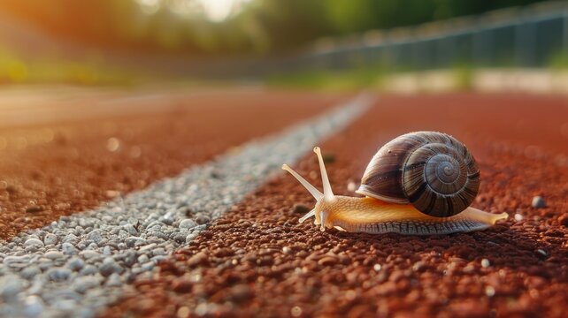 Snail on a professional athletics track is crawling towards the finish line with a lot of power. Creative motivation poster. 