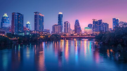 Obraz premium Cityscape at Dusk: Create a stunning cityscape at dusk with skyscrapers lighting up against a twilight sky. Capture the hustle and bustle of city life with cars, pedestrians, and neon signs. The build