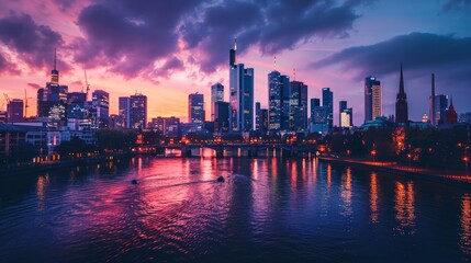 Fototapeta premium Cityscape at Dusk: Create a stunning cityscape at dusk with skyscrapers lighting up against a twilight sky. Capture the hustle and bustle of city life with cars, pedestrians, and neon signs. The build