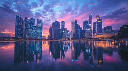 Naklejka premium Cityscape at Dusk: Create a stunning cityscape at dusk with skyscrapers lighting up against a twilight sky. Capture the hustle and bustle of city life with cars, pedestrians, and neon signs. The build