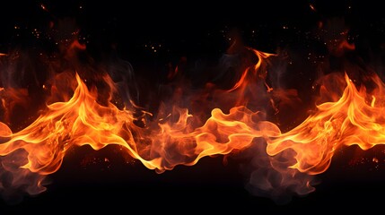 Fototapeta premium Fire flames texture on black background. Generative AI.