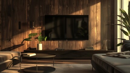 Mockup a TV wall mounted in a dark room with a brown wood wall.
