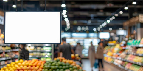 White blank screen advertising sign hanging in  store with  blur people and fruit in a supermarket background with copy space for your design. 