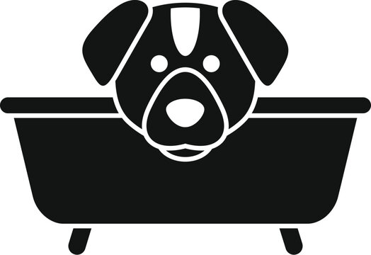 Black and white vector illustration of a dog bath icon for pet care and grooming services, featuring a simple graphic design with a minimalist silhouette of a clean canine washing in a bathtub
