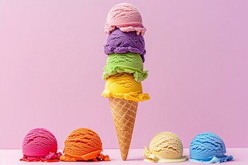 stacked scoops of colorful ice cream in a cone pastel mauve background
