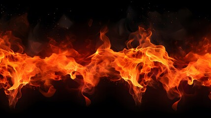 Fire flames texture on black background. Generative AI.