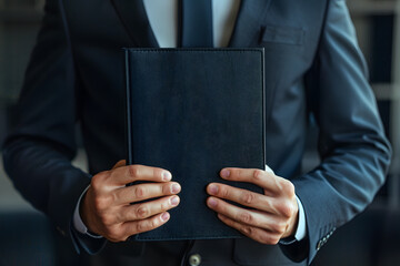 Man in suit holding a black book with both hands