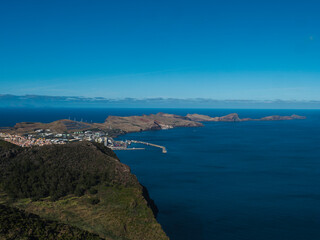 Fototapeta premium View of Ponta de Sao Lourenco and Island Ilheu da Cevada or Ilheu do Farol, the most easterly point on Madeira - seen from Pico do Facho Viewpoint, Madeira, Portugal