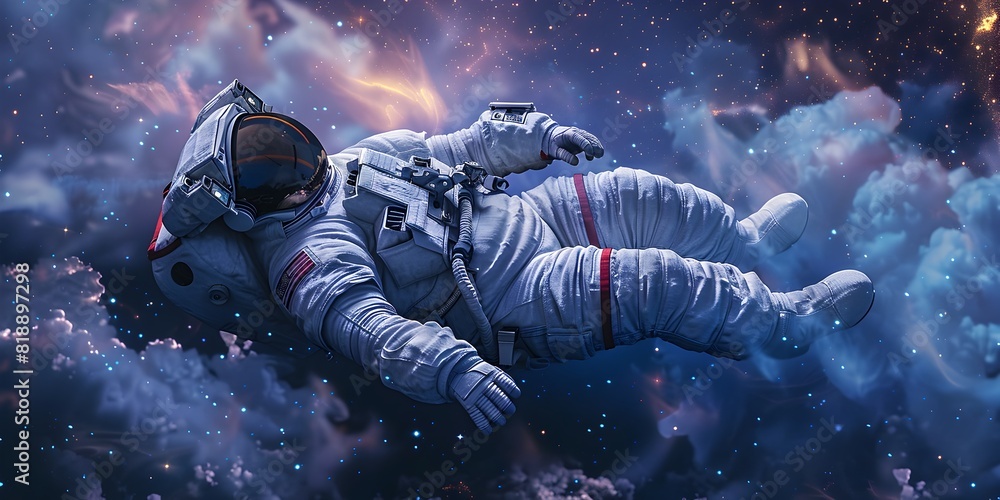 Poster sleeping astronaut floating in zero gravity cosmos with starry background