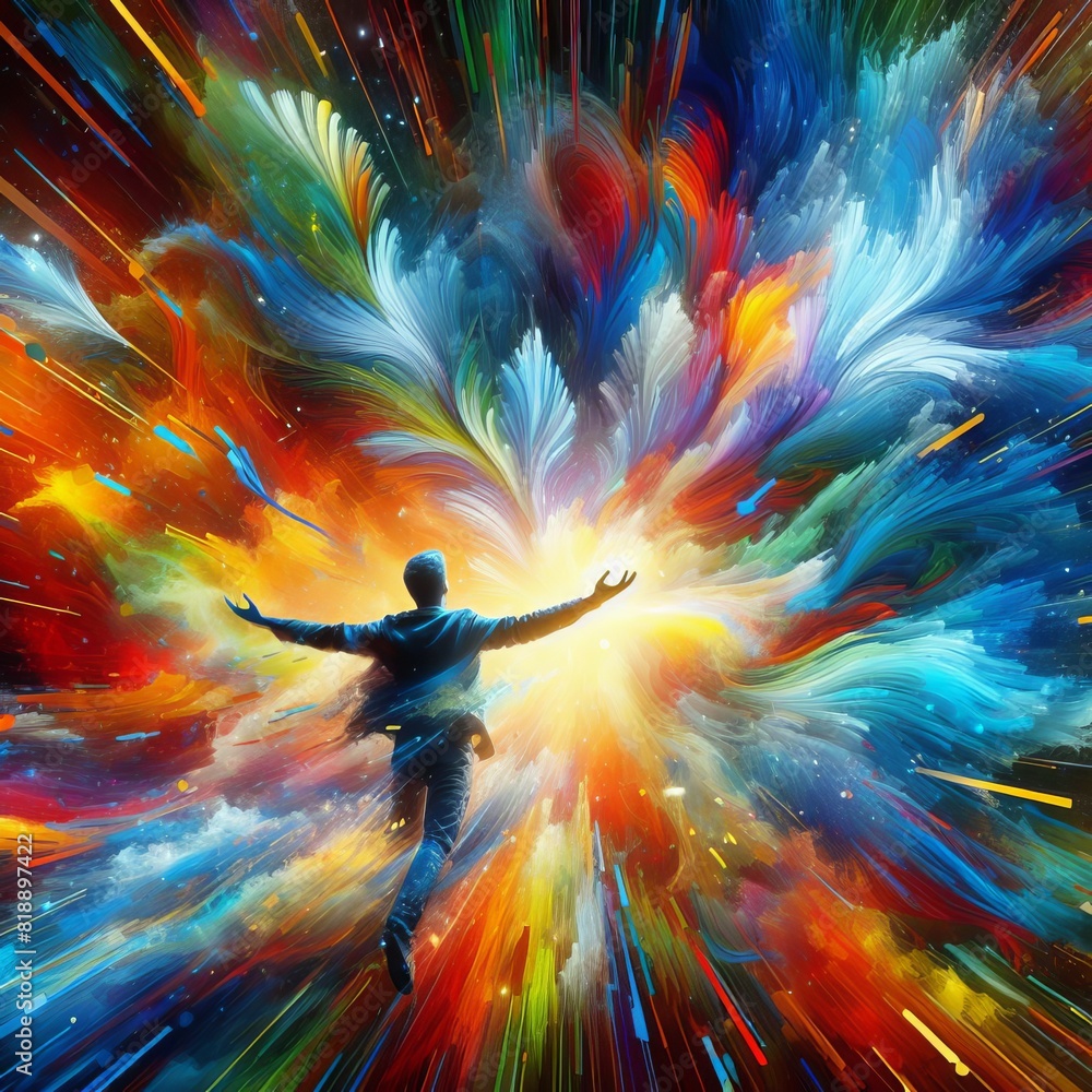 Poster an artistic portrayal of a man with open arms embracing a vibrant explosion of colors, symbolizing c