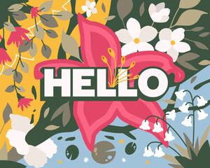 hello word with colorful floral background illustration