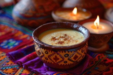 Candles are lit in a bowl on a colorful table cloth