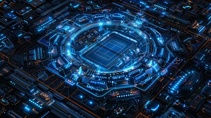 Futuristic tennis court with innovative technology for ball control players on modern court
