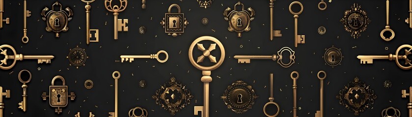 Seamless Vintage Key and Lock Pattern in Elegant Golden Luxury Design