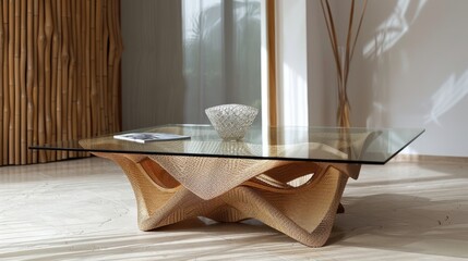 modern table design, glass surface, origami shape frame, multiscale hollow structure, bamboo color