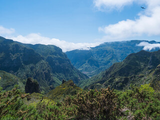 View of green hills, mountain landscape in clouds at blue sky. and lush vegetation at hiking trail PR12 to Pico Grande one of the highest peaks in the Madeira, Portugal