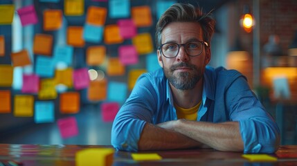An experienced professional business team brainstorms, shares, thinks of ideas while a skilled male leader writes on sticky notes at the glass wall. The skilled manager places the business plan on