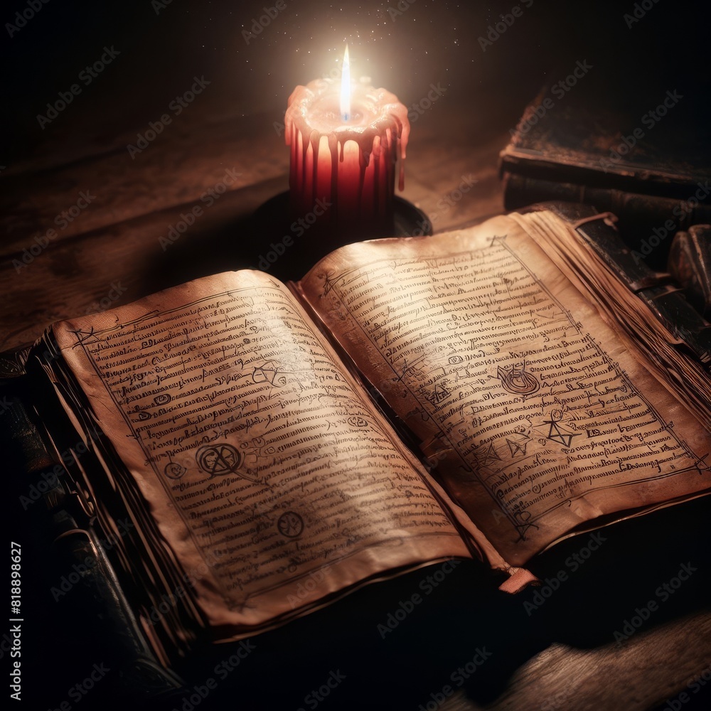 Aufkleber a mystic ancient book with cryptic symbols illuminated by the warm glow of a candle, creating an aur