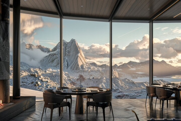 modern room with panoramic windows offers a serene view of snow-covered mountains during a golden...