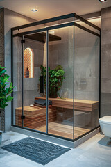 A contemporary shower with glass walls, wooden benches, grey tiles, ambient lighting, and a touch of greenery