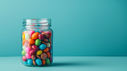 Jar with tasty chewing gums on color background 