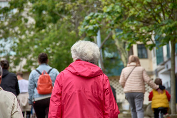 A mature woman with gray hair on her back walking