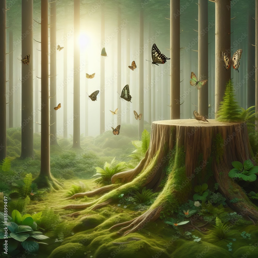 Poster a serene forest scene with sunlight filtering through trees and butterflies dancing around a stump..