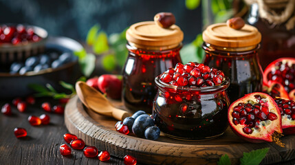 Jars and bowl of pomegranate molasses with fresh fruit