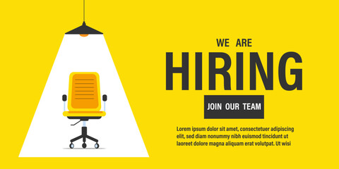 We're Hiring, Join Our Team Concept With Spotlight Focus To Vacant Office Chair On  yellow And White Background.