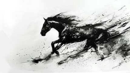 Charcoal sketch of a flaming horse. Ink drops and brush strokes