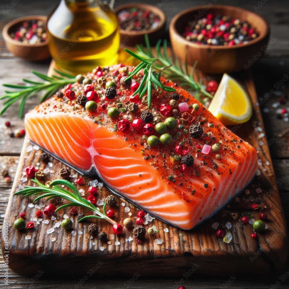 Poster a fresh salmon fillet seasoned with an array of spices and herbs, accompanied by lemon slices on a r