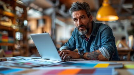 Image of an interior designer presenting color samples atop a laptop displaying website wireframe designs for mobile apps and websites. This is a creative design and business concept that is variable