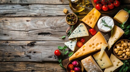 Cheese fondue with assorted cheeses on rustic wooden table