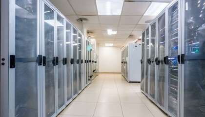Advanced computer server room in a corporate business building, semiconductor servers, cloud servers