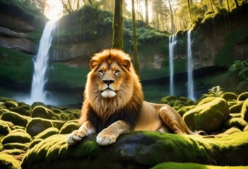 lion sitting by waterfall (362)