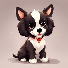 AI generated illustration of a cute monochrome puppy with a red collar sitting down
