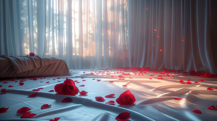 luxurious romantic bed with roses and silk bedsheet in the morning