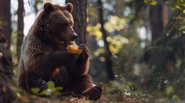 A brown bear indulges in a sweet treat, its taste buds tingling from the potent mad honey.