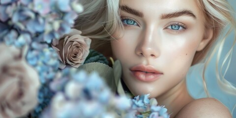 Naklejka premium female model posing with blue hydrangea flowers fashion portrait, ai