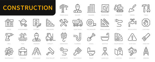 Construction line icons set. Build, house repair tools, engineering, builder icon. Vector