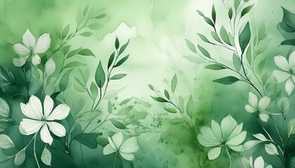Abstract watercolor green background with plants and flowers. Pastel green wallpaper.