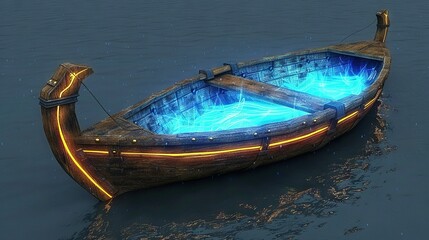   A boat bobbing atop a watery expanse, illuminated by a beacon emanating from its vessel's side