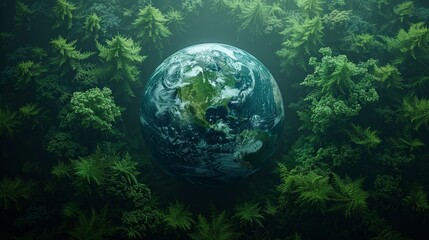 World Environment Day. Aerial top view green forest with globe earth