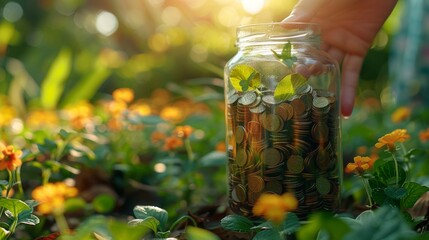 The idea of sustainable money growth investment with a glass jar filled with money savings coins as an eco-friendly investment nurtured with nature and healthy retirement. Gyre.