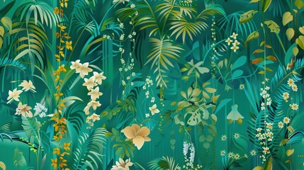 Fototapeta na wymiar A vibrant painting showcases lush tropical plants and bright flowers against a serene green backdrop, with vivid white and yellow blooms occupying the focal point