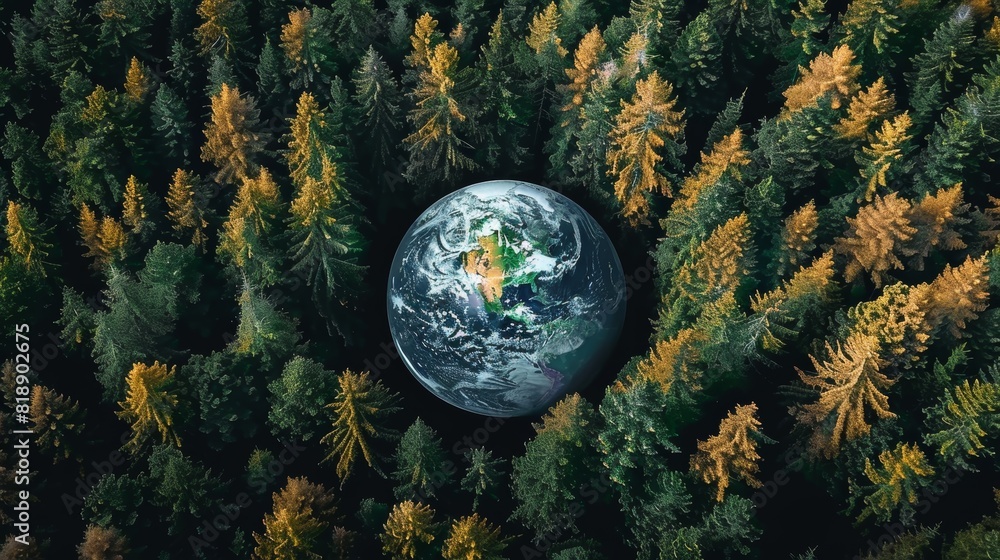 Wall mural world environment day. aerial top view green forest with globe earth