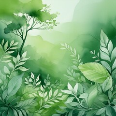 Abstract watercolor green background with plants and flowers. Pastel green wallpaper.